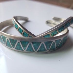 Set of 2 Vintage Sterling Silver and Natural Turquoise Bracelets